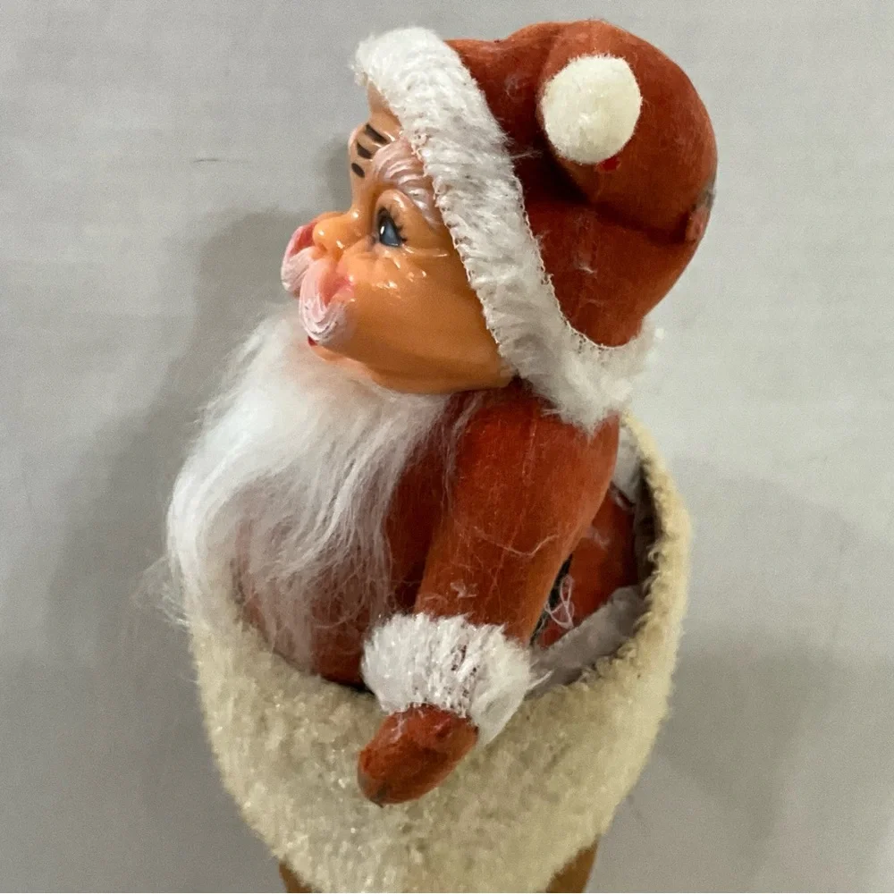 Vintage Christmas Flocked Santa in a Flocked Brown Boot MCM